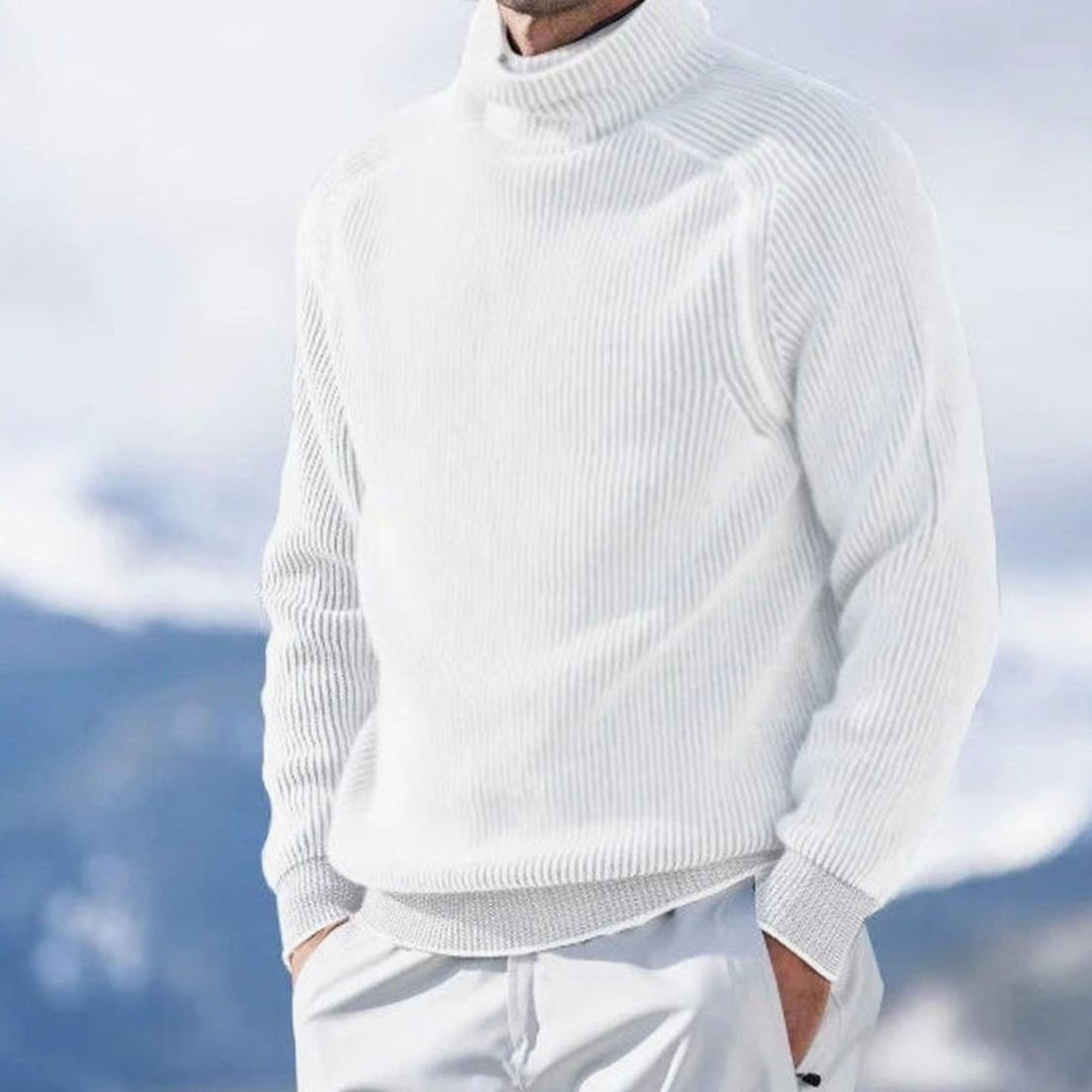 Men's Ribbed Knit Turtleneck Sweater Casual Winter Pullover - White