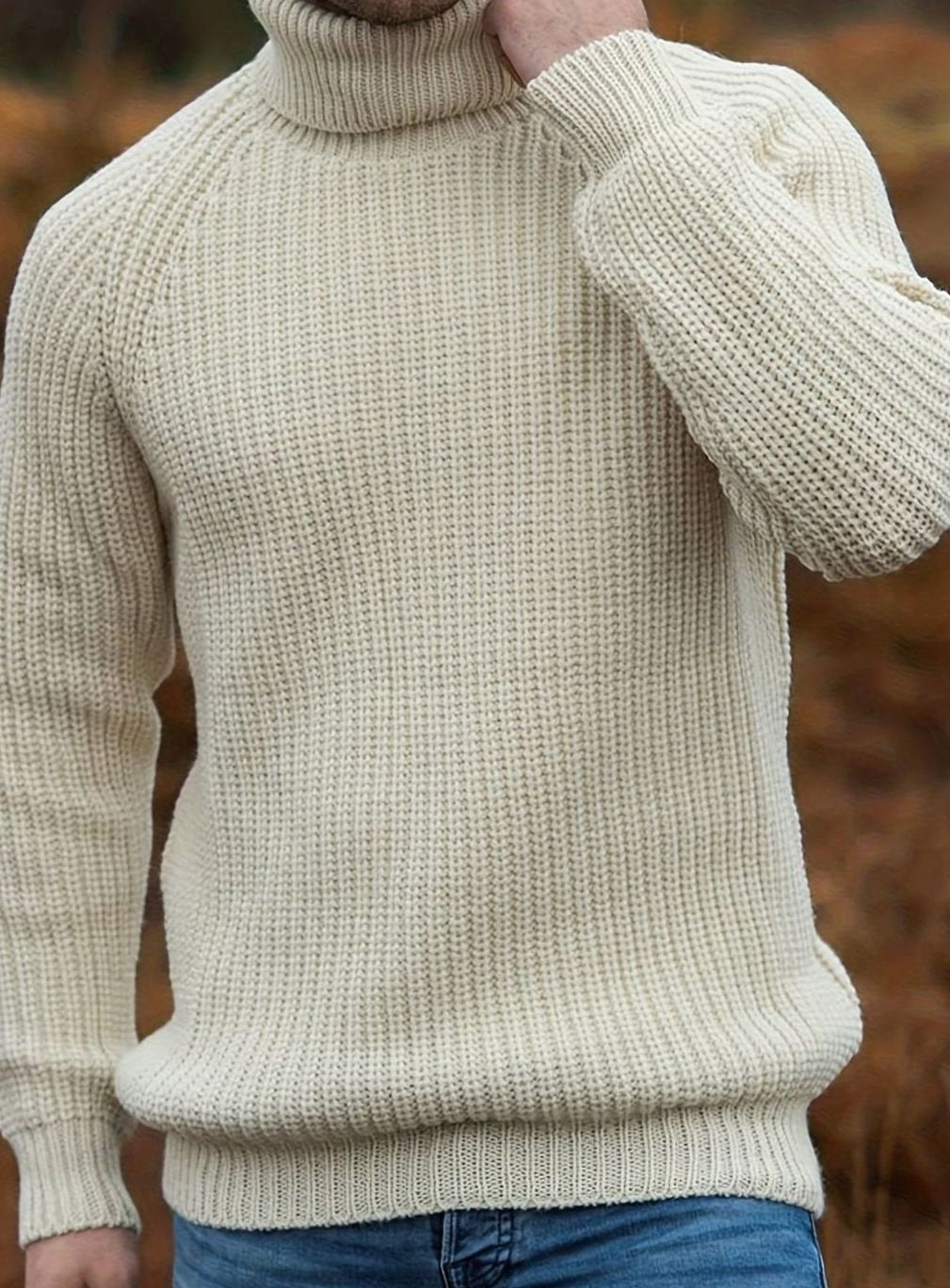 Men's Ribbed Knit Turtleneck Sweater Relaxed Pullover - Beige