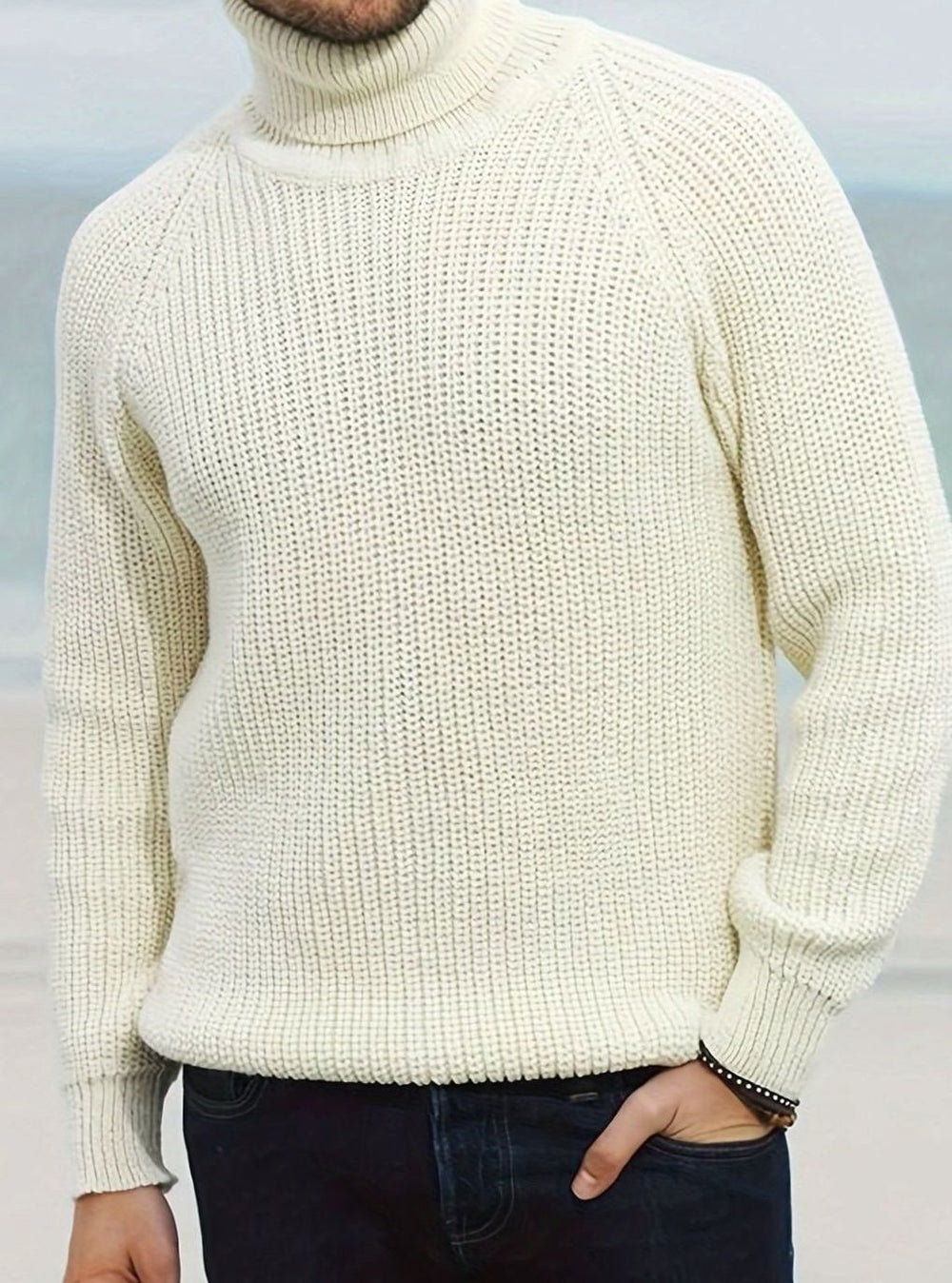 Men's Ribbed Knit Turtleneck Sweater Relaxed Pullover