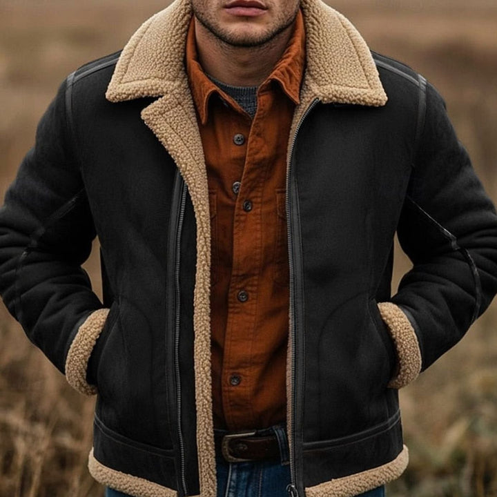 Men's Sherpa-Lined Aviator Bomber Jacket Full-Zip, Brown - Black