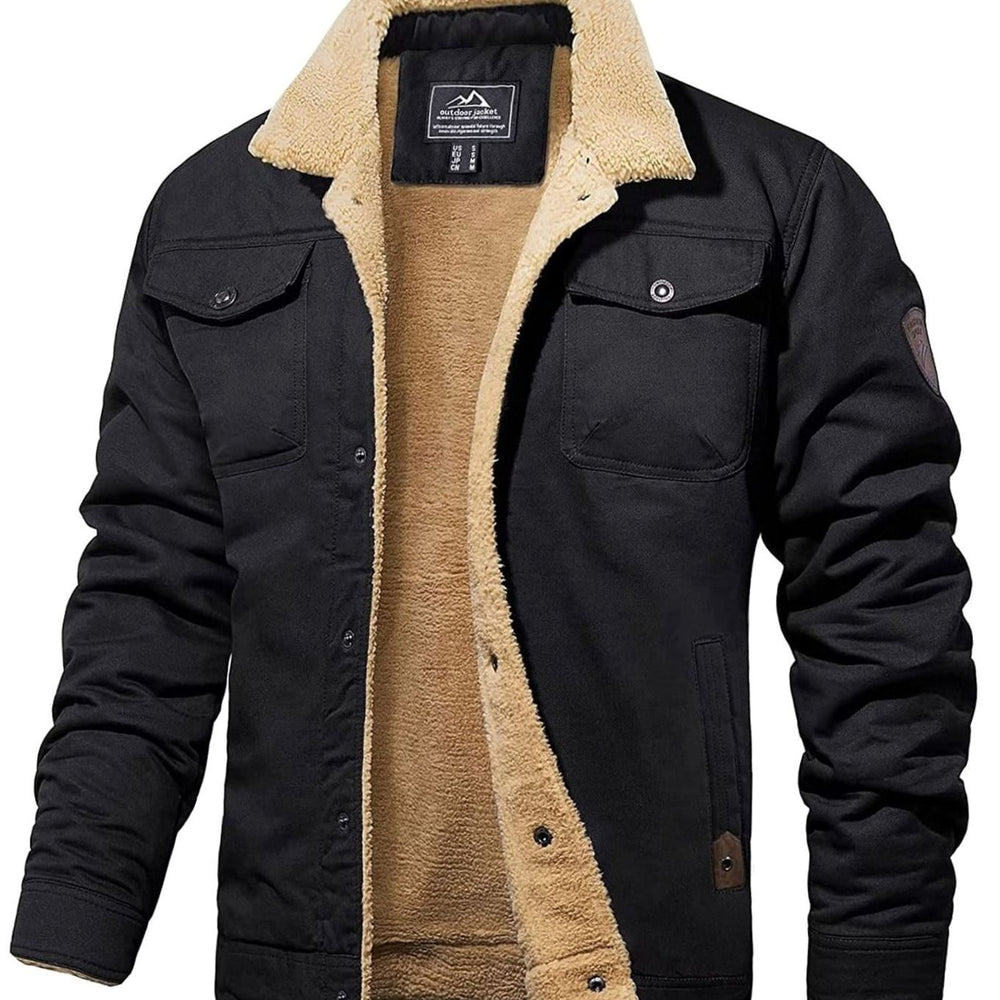 Men's Sherpa-Lined Snap-Button Outdoor Casual Jacket - Black