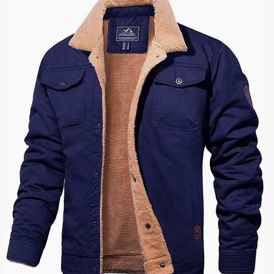 Men's Sherpa-Lined Snap-Button Outdoor Casual Jacket - Navy Blue