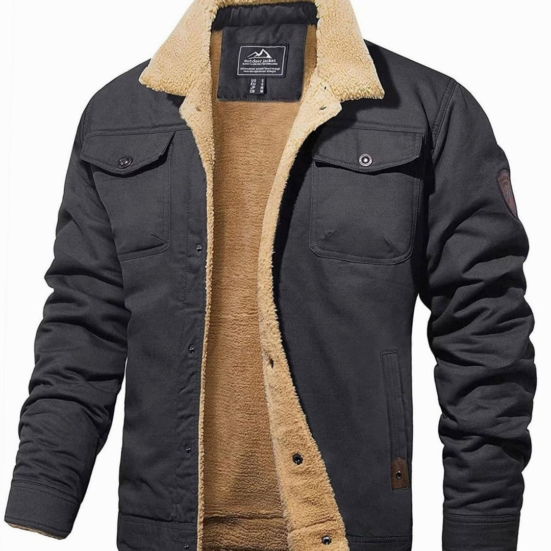 Men's Sherpa-Lined Snap-Button Outdoor Casual Jacket - Dark Grey