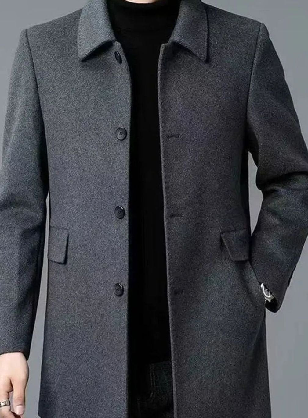 Men's Single-Breasted Wool Coat Tailored Overcoat, Dark Gray - Dark Gray