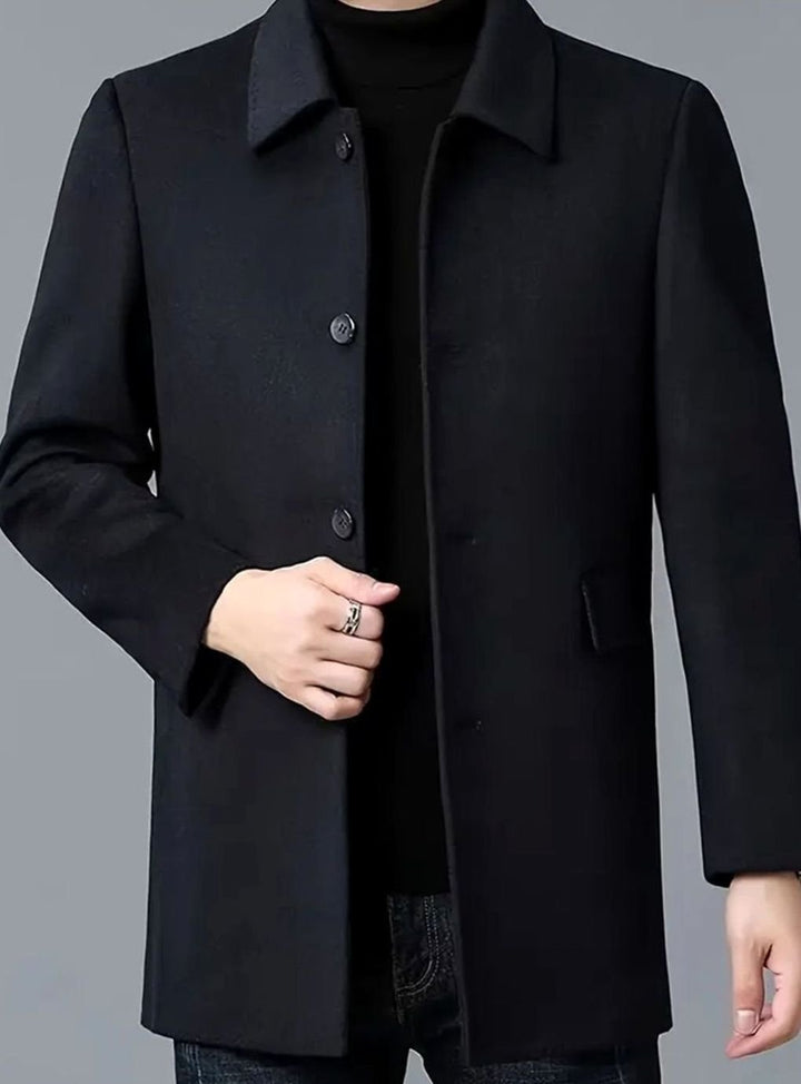Men's Single-Breasted Wool Coat Tailored Overcoat, Dark Gray - Black