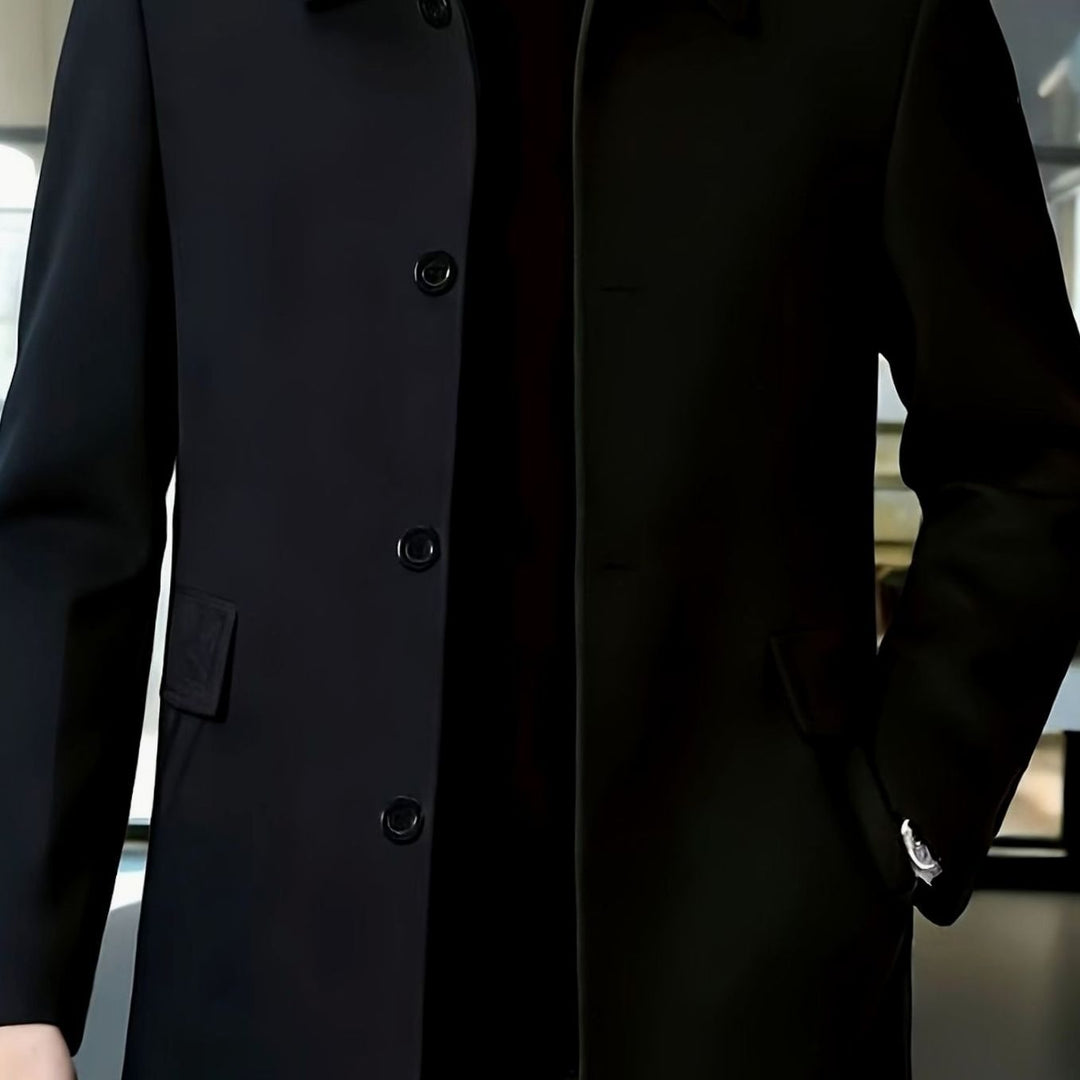 Men's Single-Breasted Wool Overcoat Classic Lapel Collar, Dark Gray - Black
