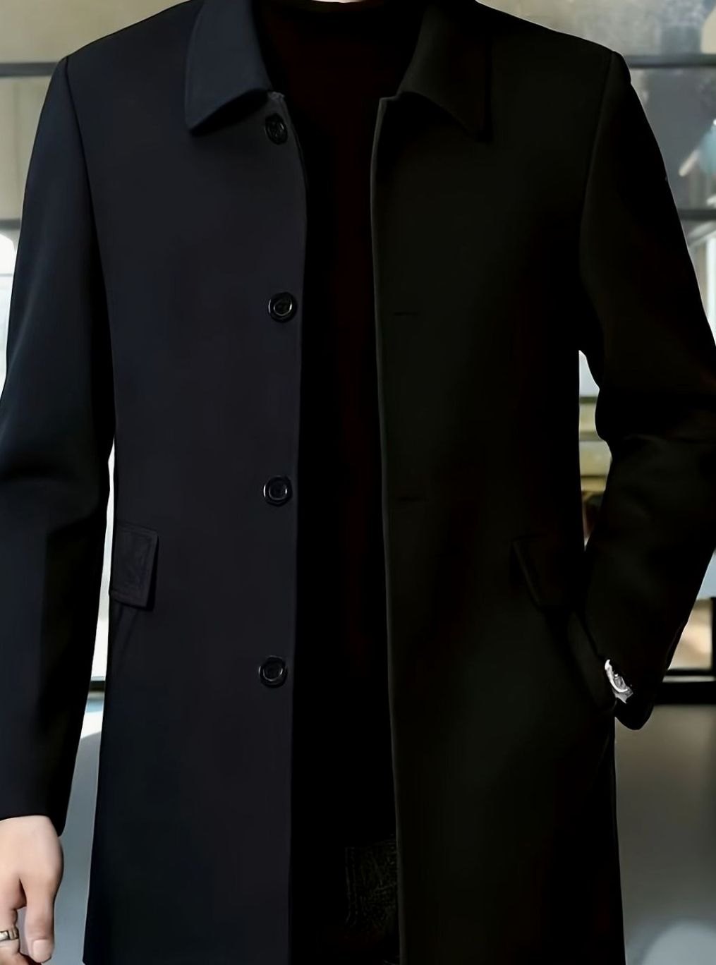 Men's Single-Breasted Wool Overcoat Classic Lapel Collar, Dark Gray