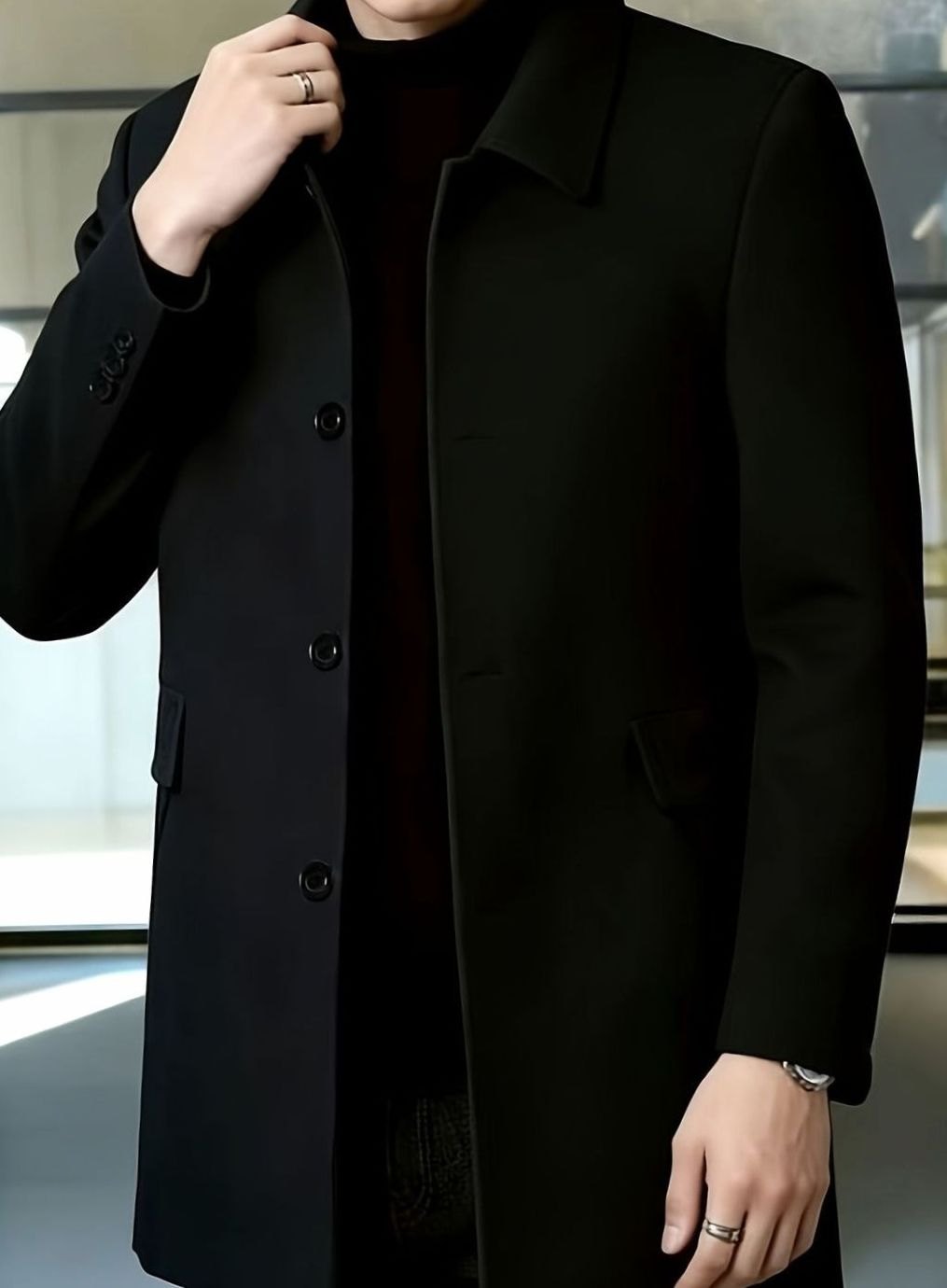 Men's Single-Breasted Wool Overcoat Classic Lapel Collar, Dark Gray
