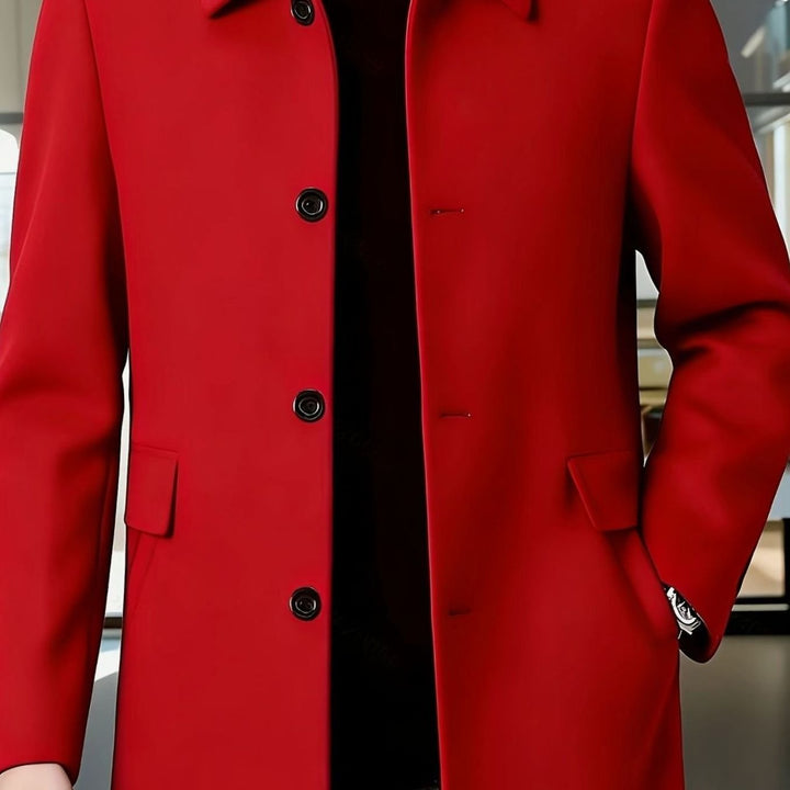 Men's Single-Breasted Wool Overcoat Classic Lapel Collar, Dark Gray - Red