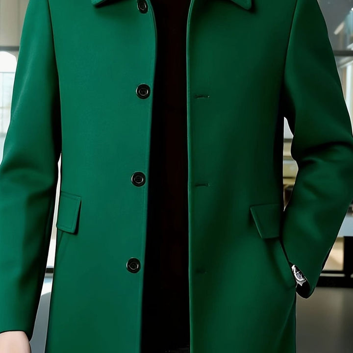 Men's Single-Breasted Wool Overcoat Classic Lapel Collar, Dark Gray - Green