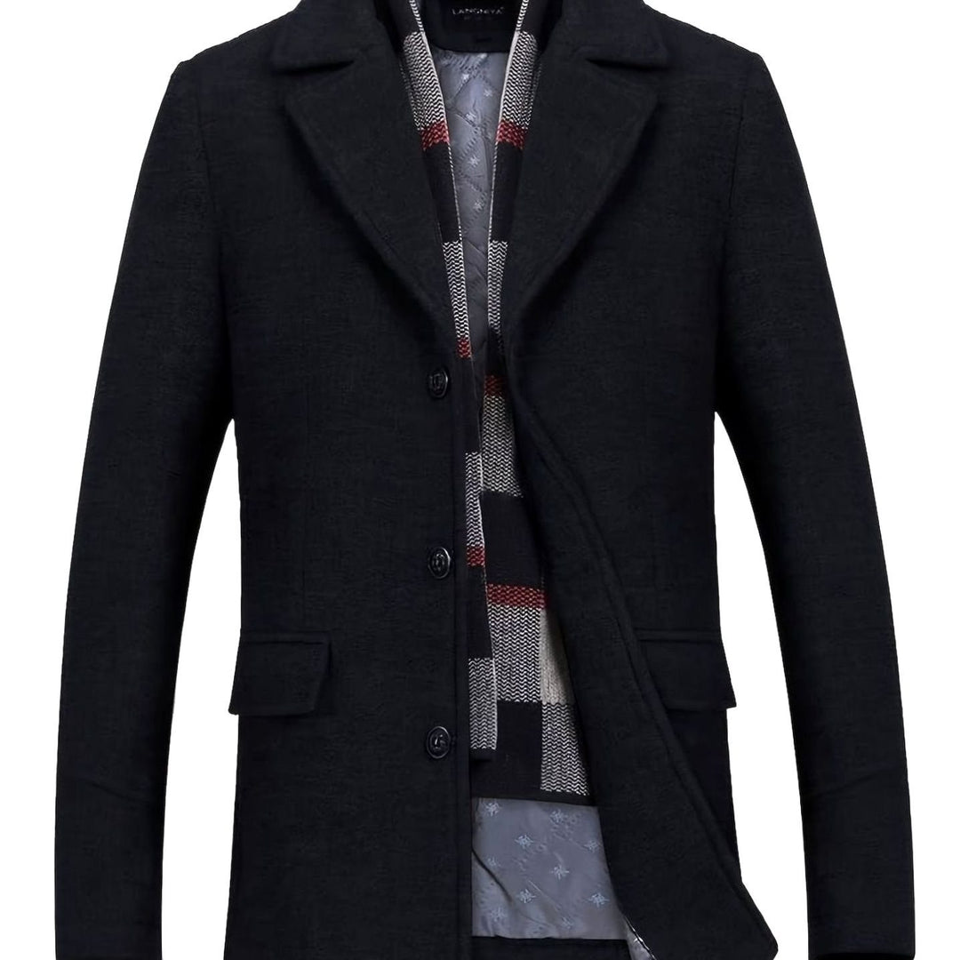Men's Single-Breasted Wool Overcoat Tailored Lapel Coat, Black - Black