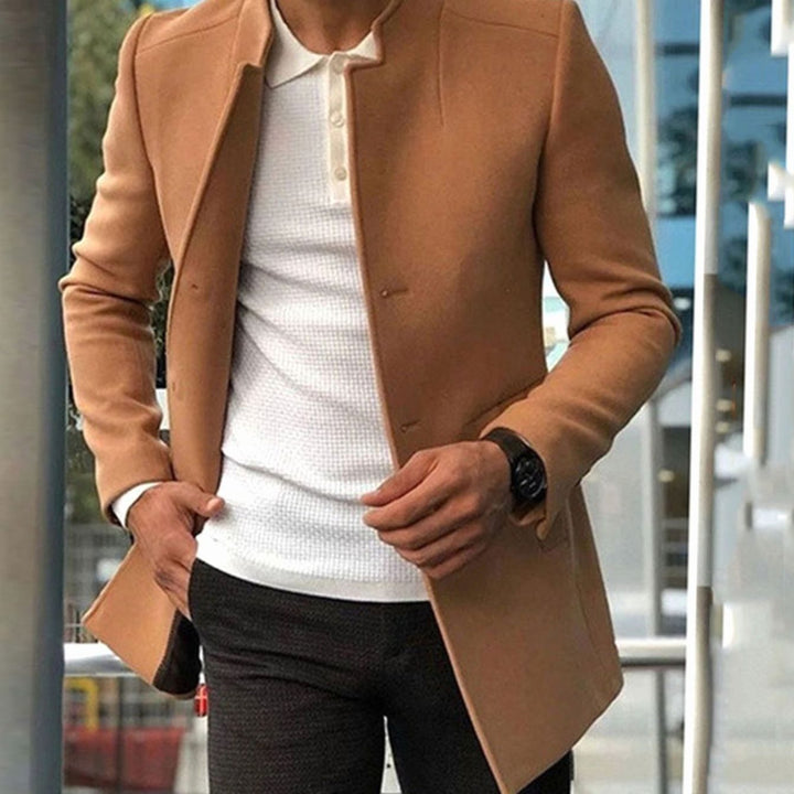 Men's Slim Fit Collarless Long Coat - Khaki