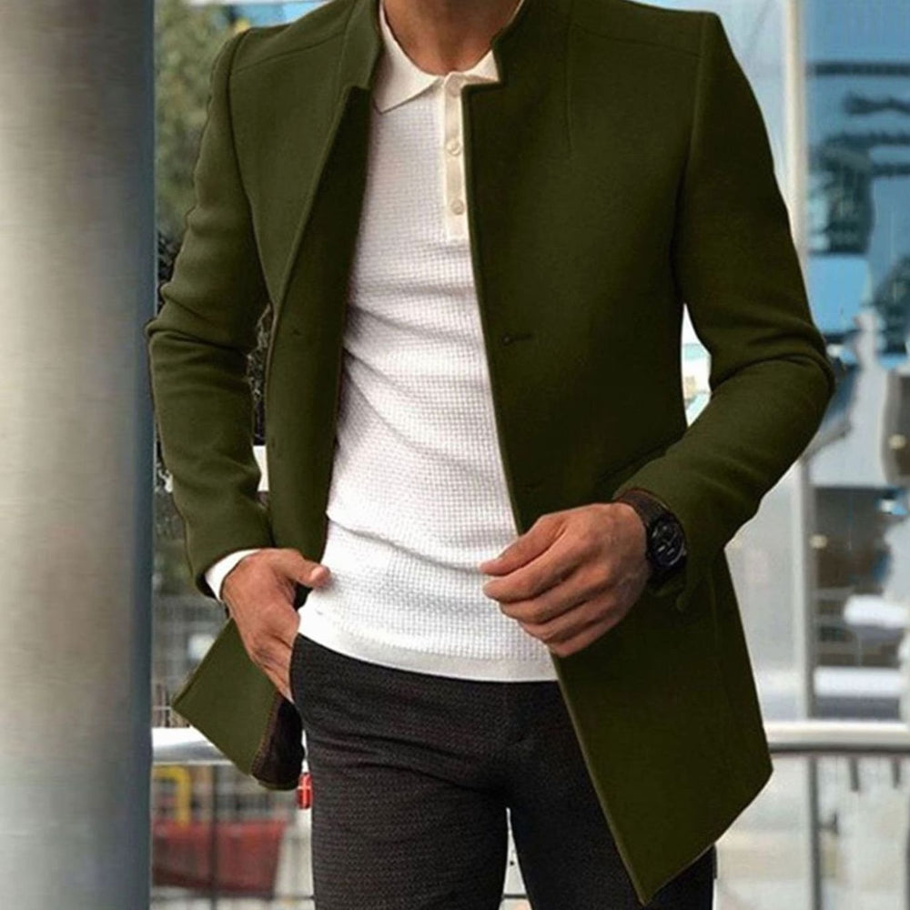Men's Slim Fit Collarless Long Coat - Army Green