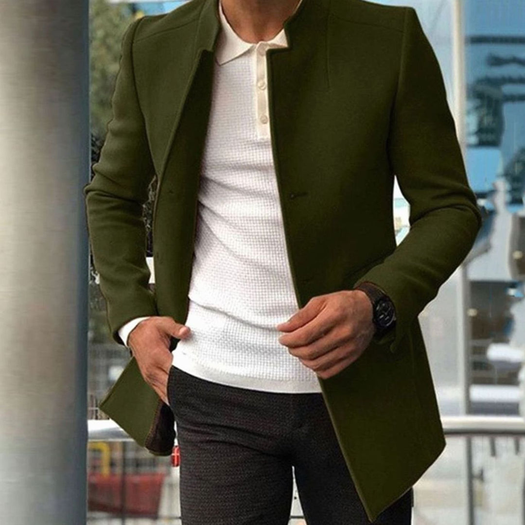 Men's Slim Fit Collarless Long Coat - Army Green