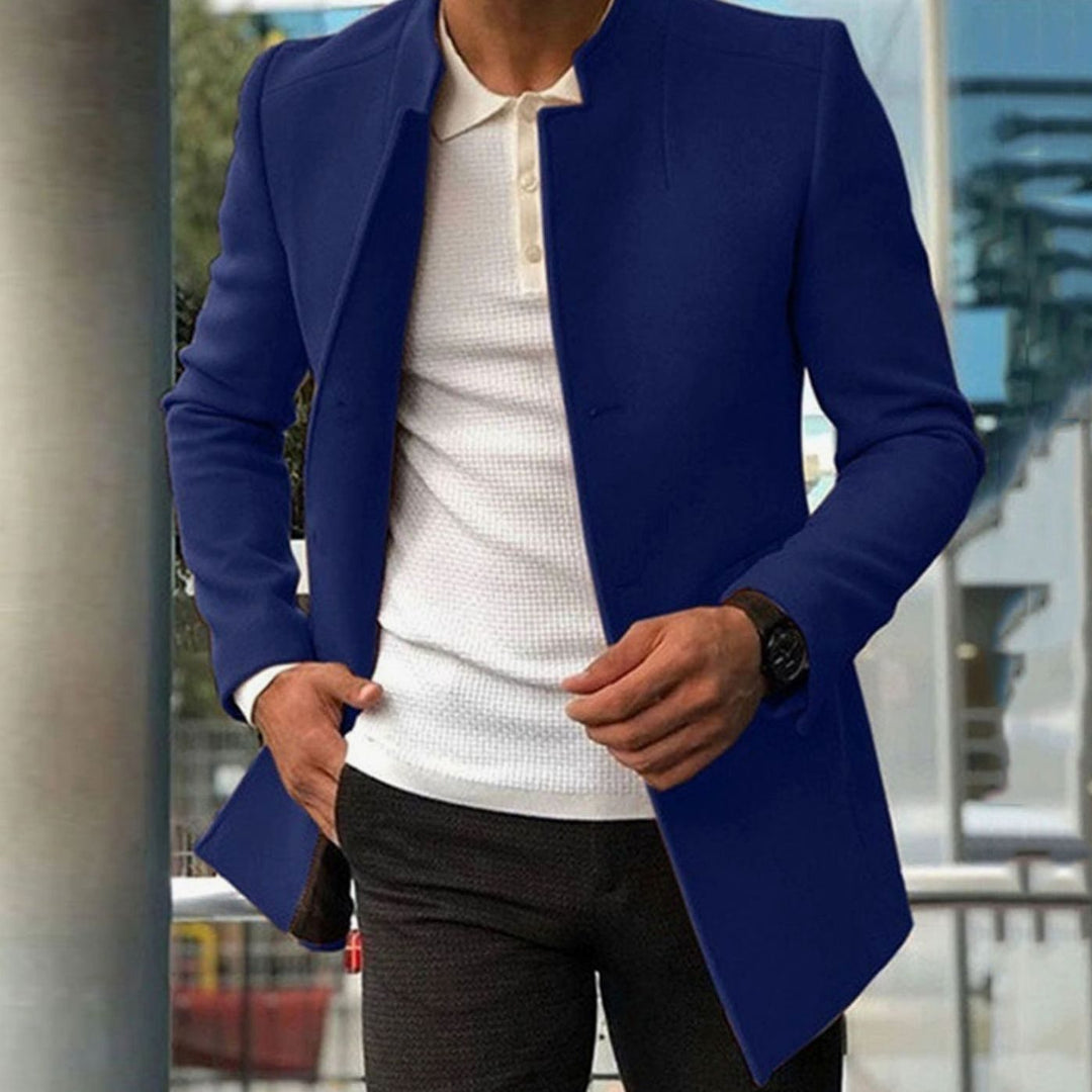 Men's Slim Fit Collarless Long Coat - Blue