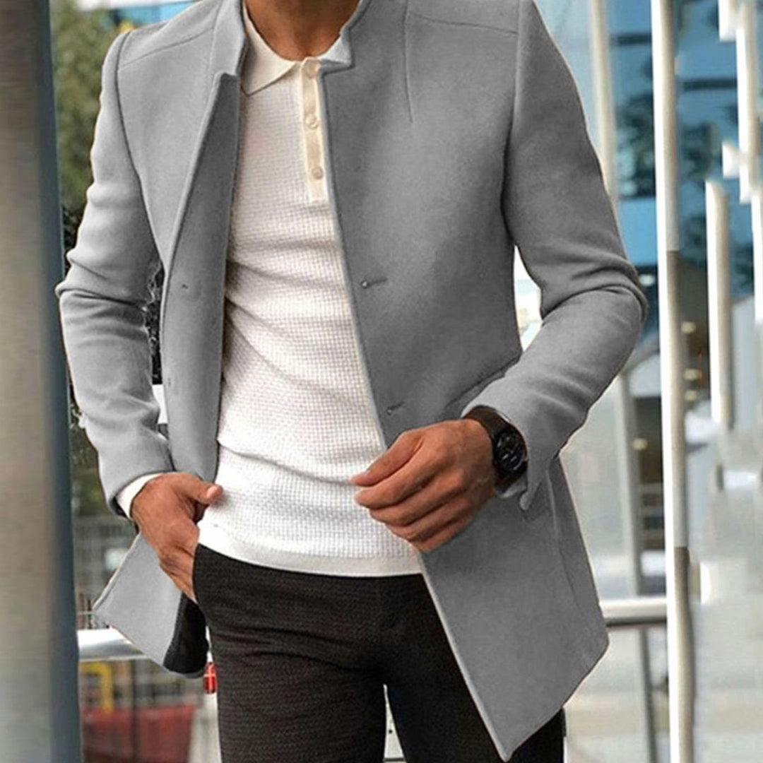 Men's Slim Fit Collarless Long Coat - Grey