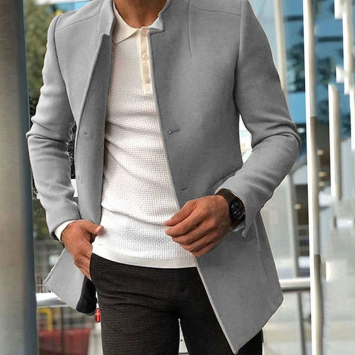 Men's Slim Fit Collarless Long Coat - Grey