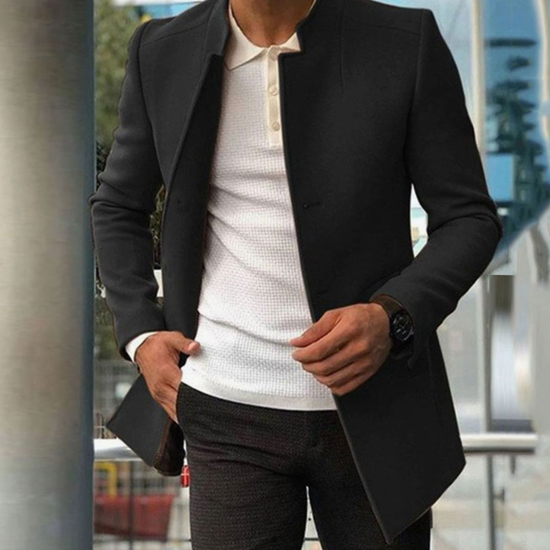 Men's Slim Fit Collarless Long Coat - Black