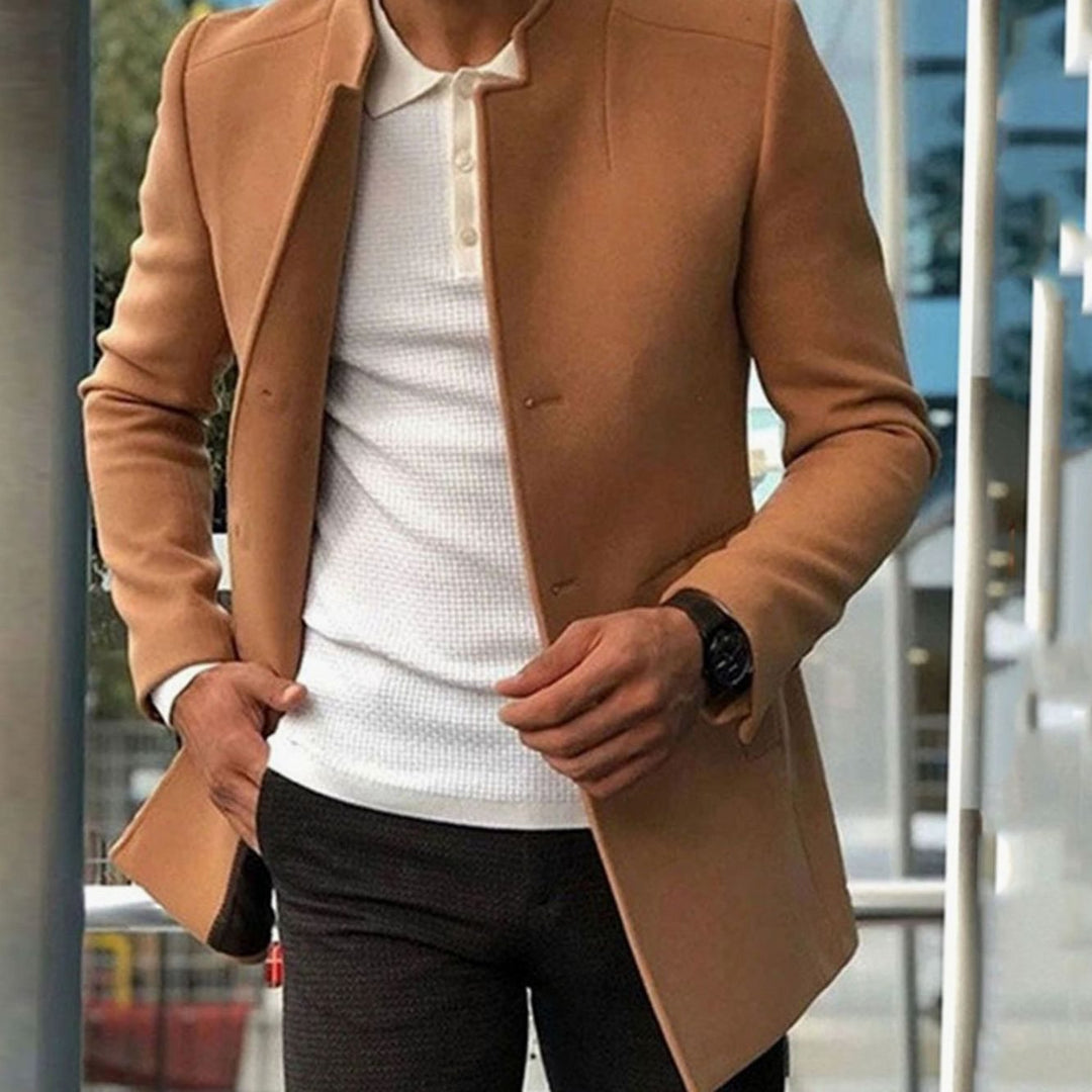 Men's Slim Fit Collarless Winter Coat - Khaki