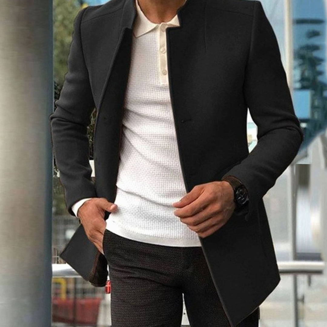 Men's Slim Fit Collarless Winter Coat - Black