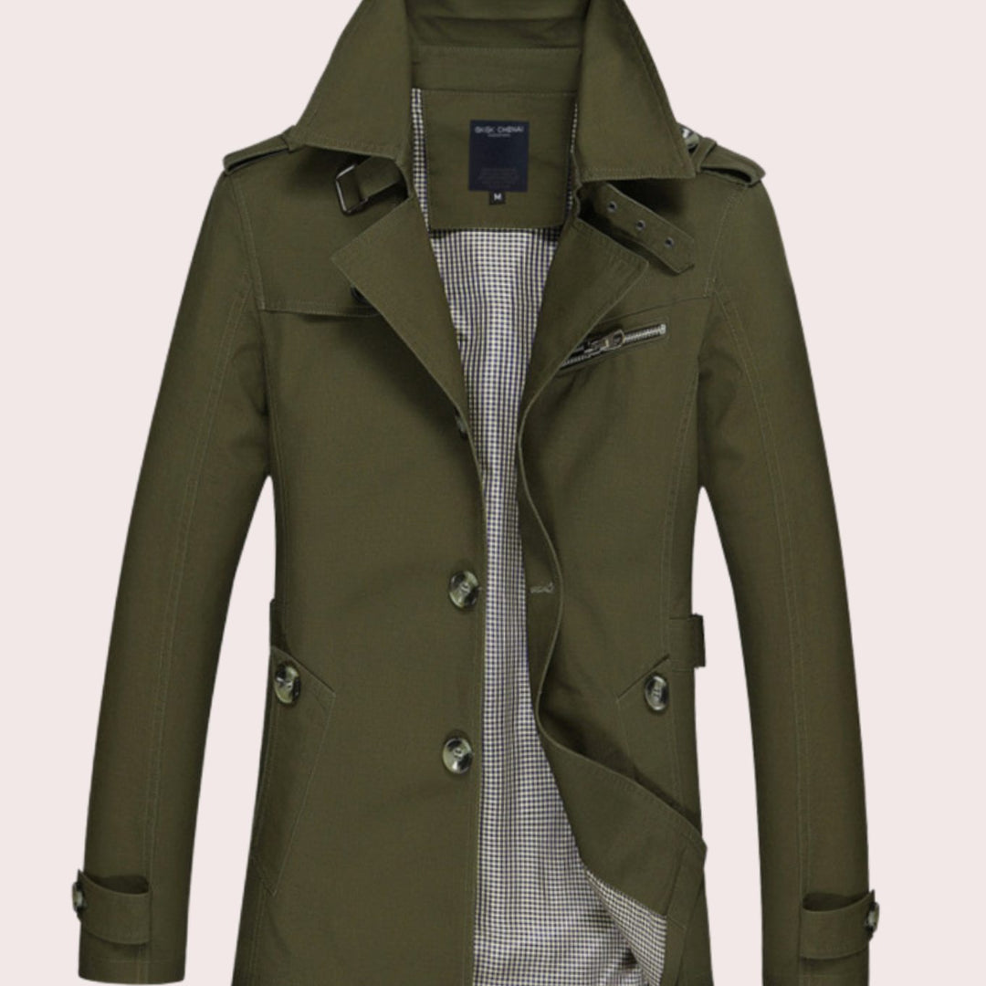 Men's Slim Fit Double Breasted Trench Coat - Army Green