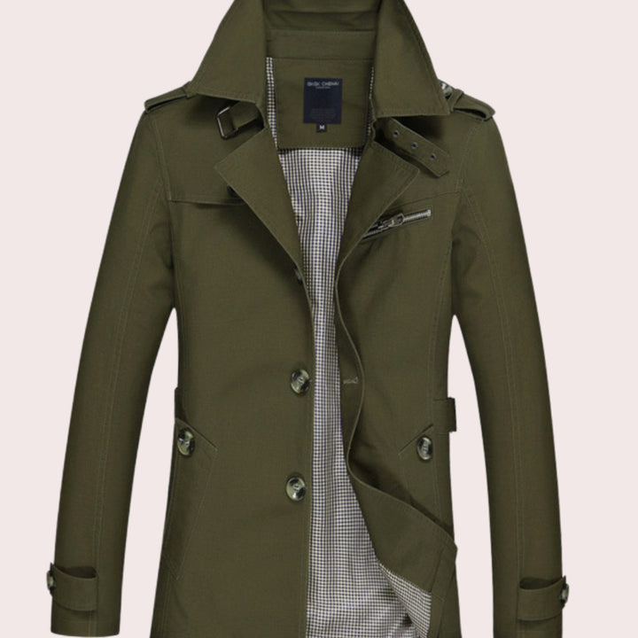 Men's Slim Fit Double Breasted Trench Coat - Army Green