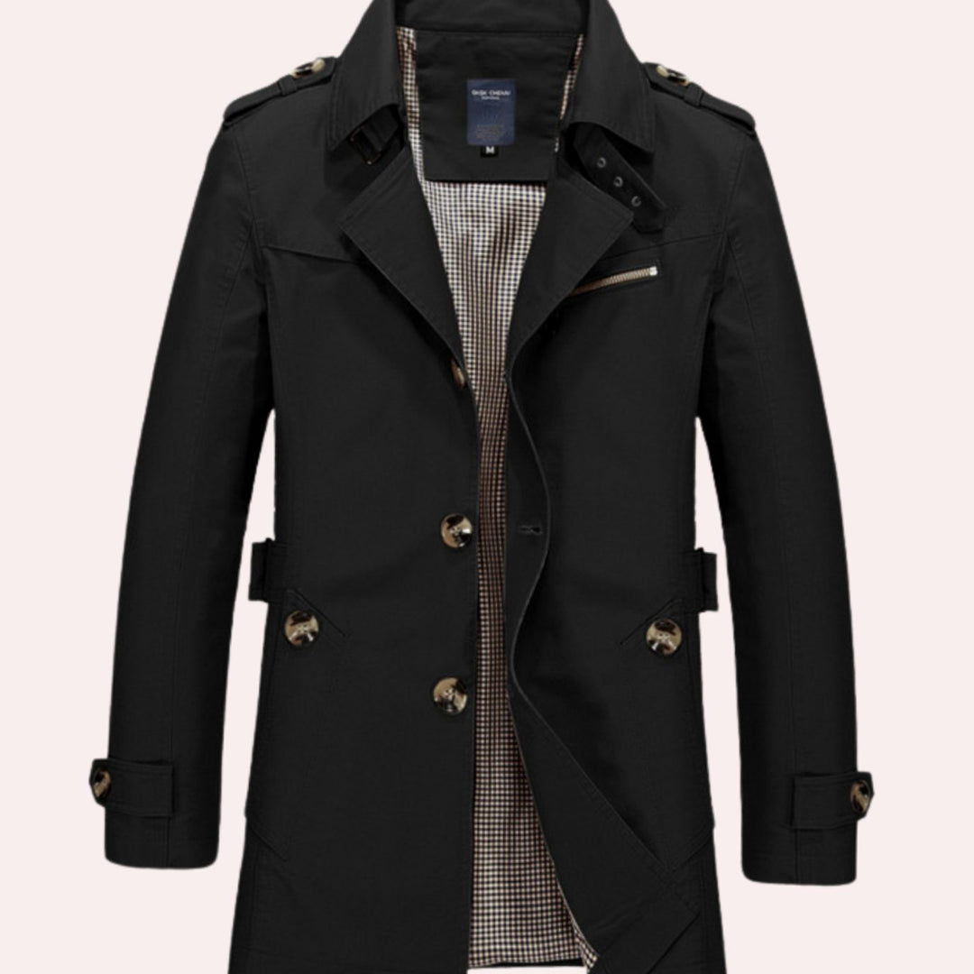 Men's Slim Fit Double Breasted Trench Coat - Black