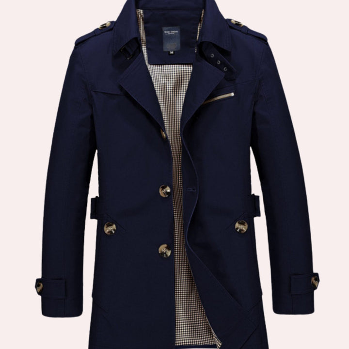 Men's Slim Fit Double Breasted Trench Coat - Dark Blue