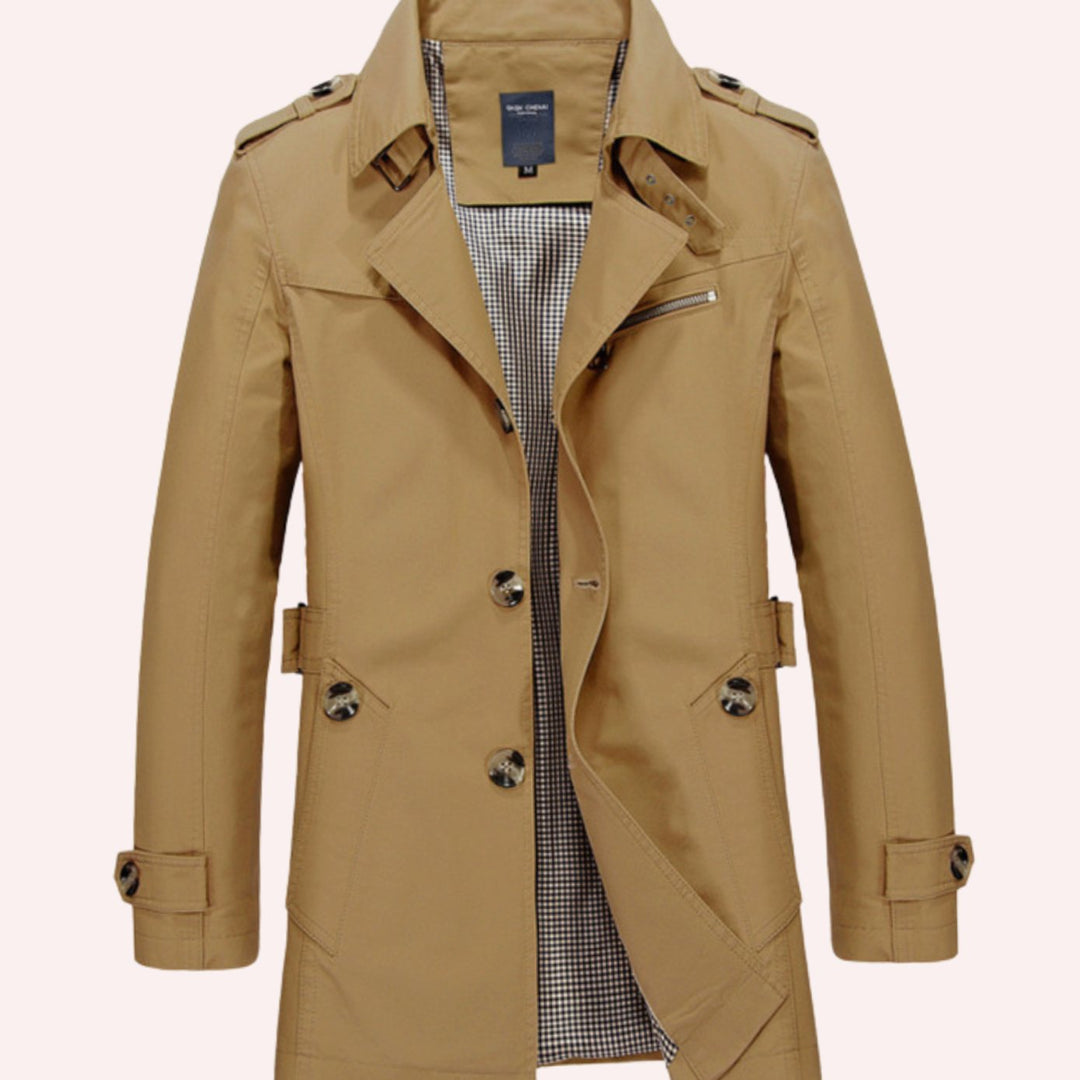 Men's Slim Fit Double Breasted Trench Coat - Khaki