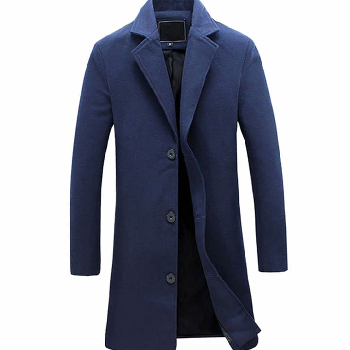 Men's Slim-Fit Single-Breasted Notch-Lapel Long Overcoat - Navy Blue
