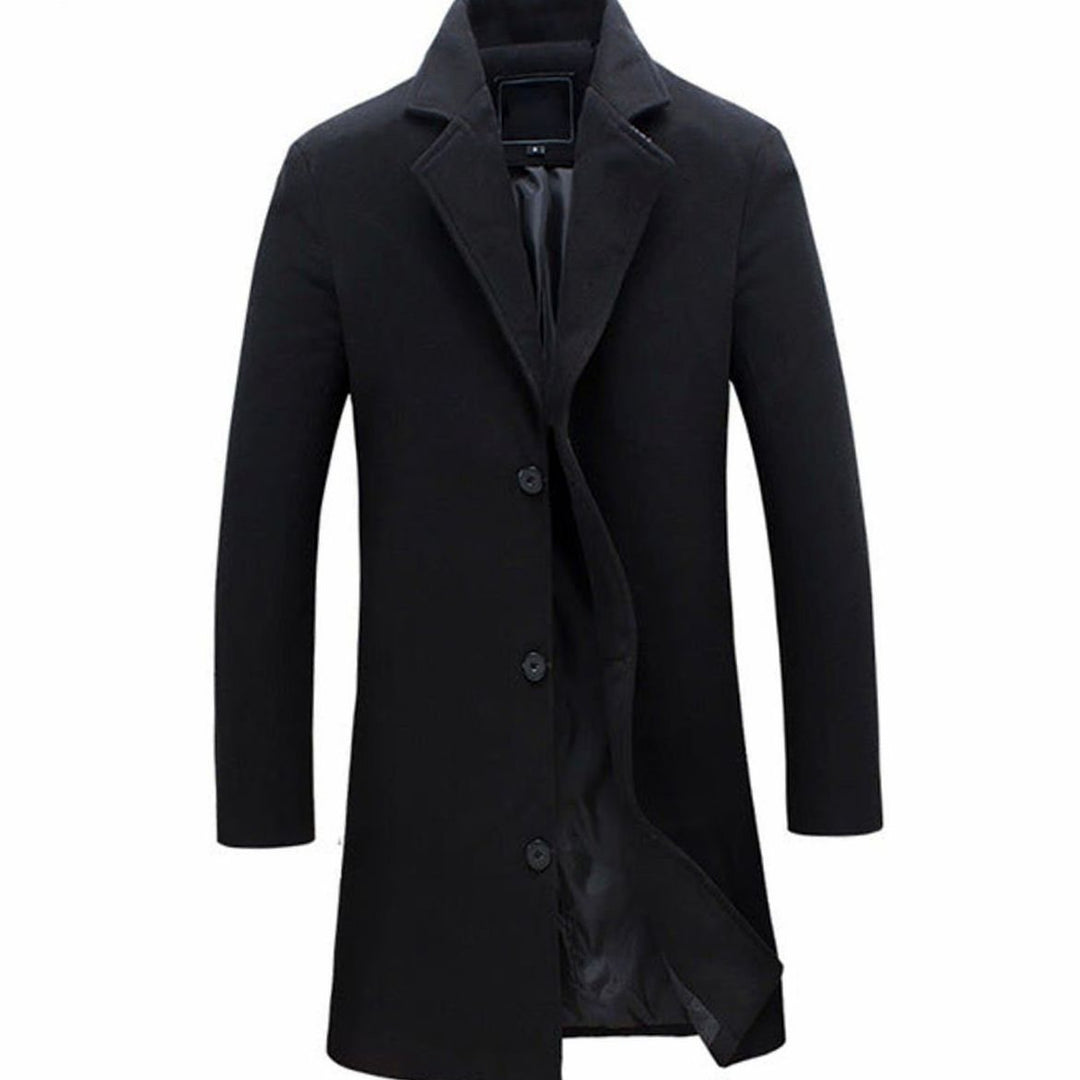 Men's Slim-Fit Single-Breasted Notch-Lapel Long Overcoat - Black