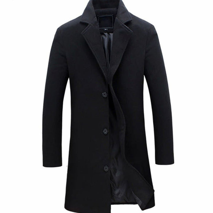 Men's Slim-Fit Single-Breasted Notch-Lapel Long Overcoat - Black
