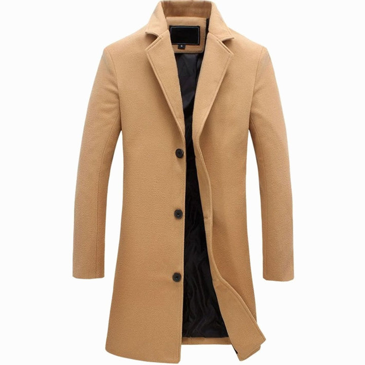 Men's Slim-Fit Single-Breasted Notch-Lapel Long Overcoat - Khaki