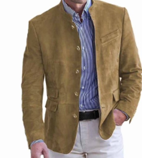 Men's Slim Fit Stand-Collar Casual Blazer Jacket - Khaki