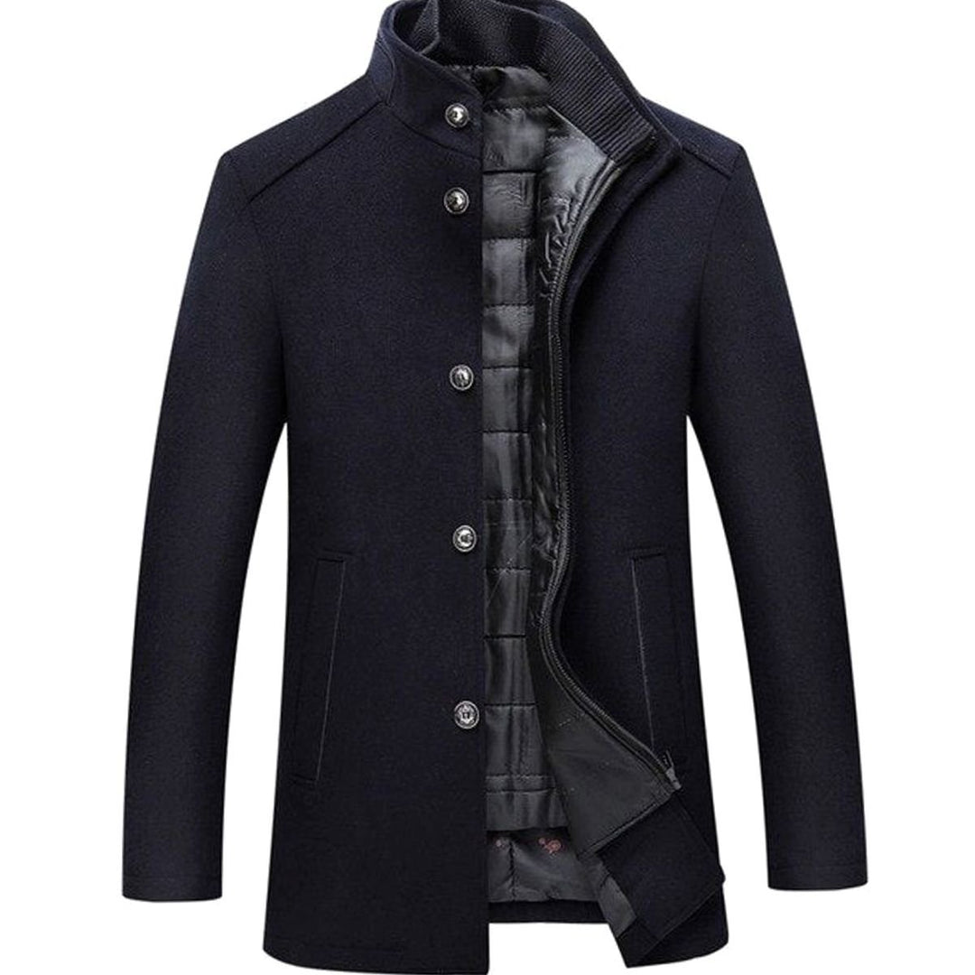 Men's Stand Collar Single-Breasted Insulated Winter Jacket - Navy Blue
