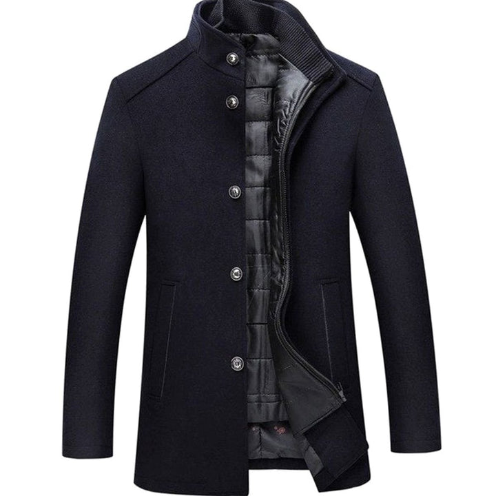 Men's Stand Collar Single-Breasted Insulated Winter Jacket - Navy Blue