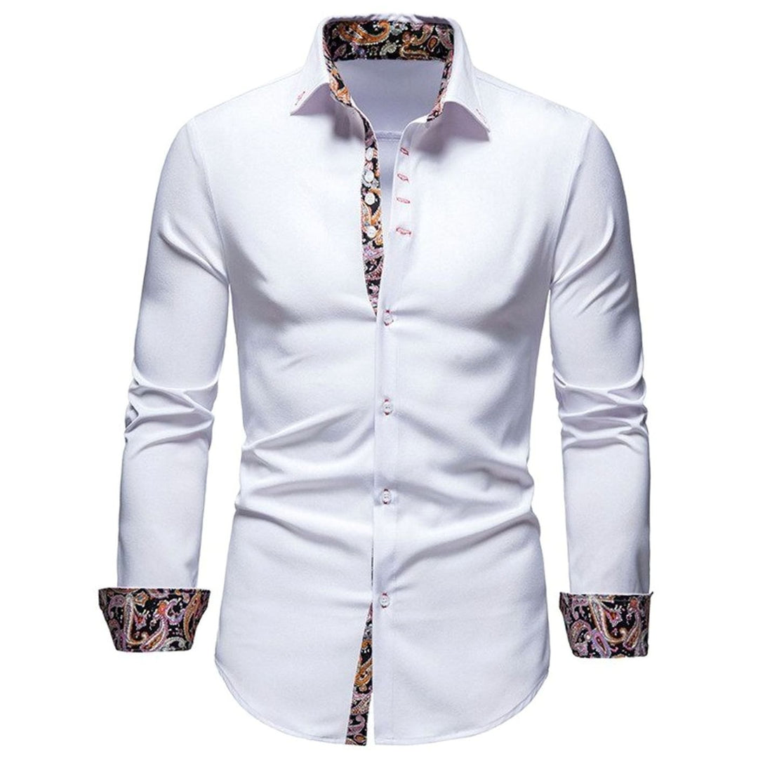 Men's Stylish White Slim-Fit Button-Down Shirt Paisley Cuffs - White
