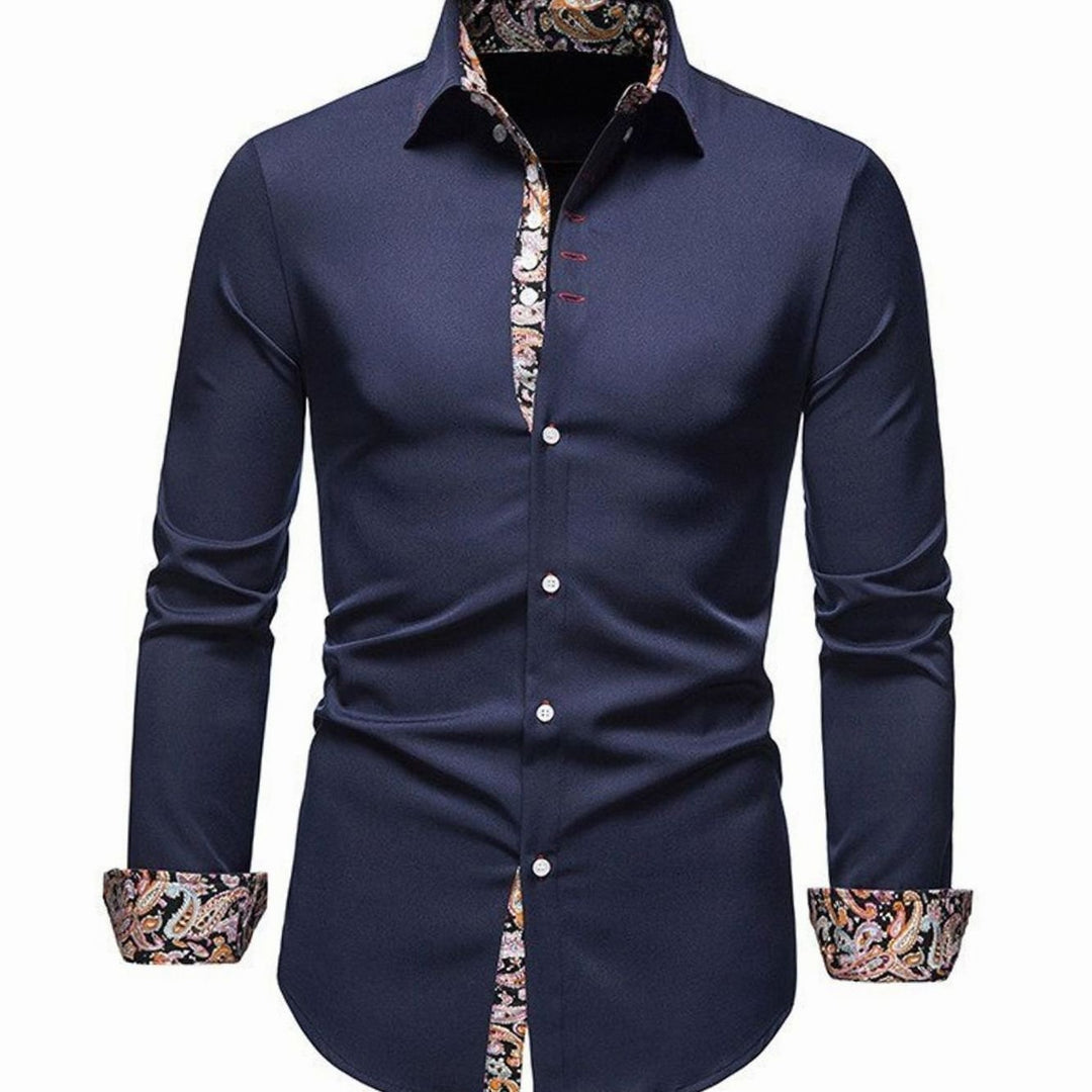 Men's Stylish White Slim-Fit Button-Down Shirt Paisley Cuffs - Navy Blue
