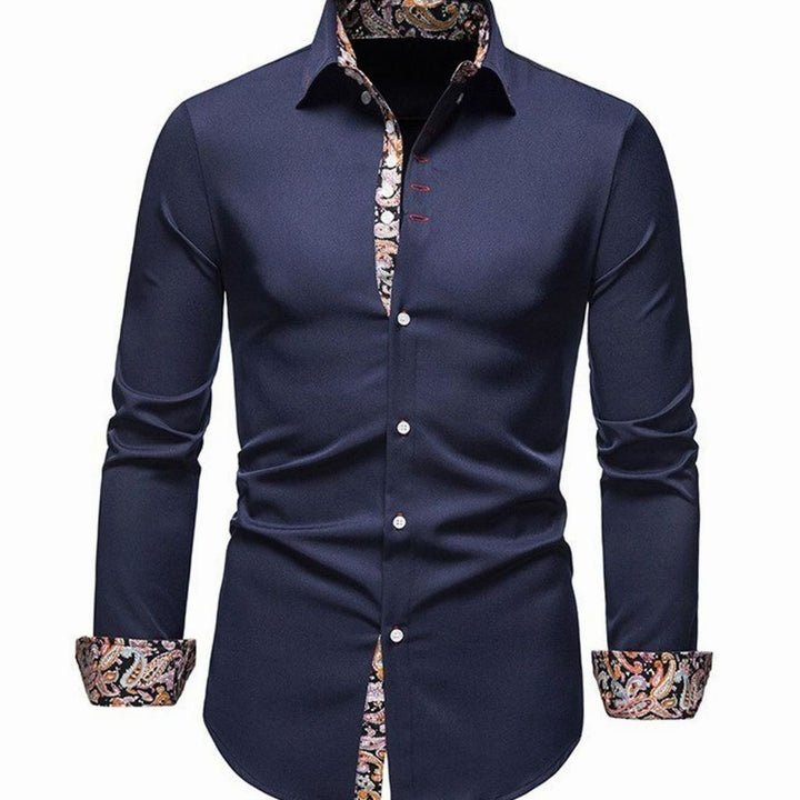 Men's Stylish White Slim-Fit Button-Down Shirt Paisley Cuffs - Navy Blue