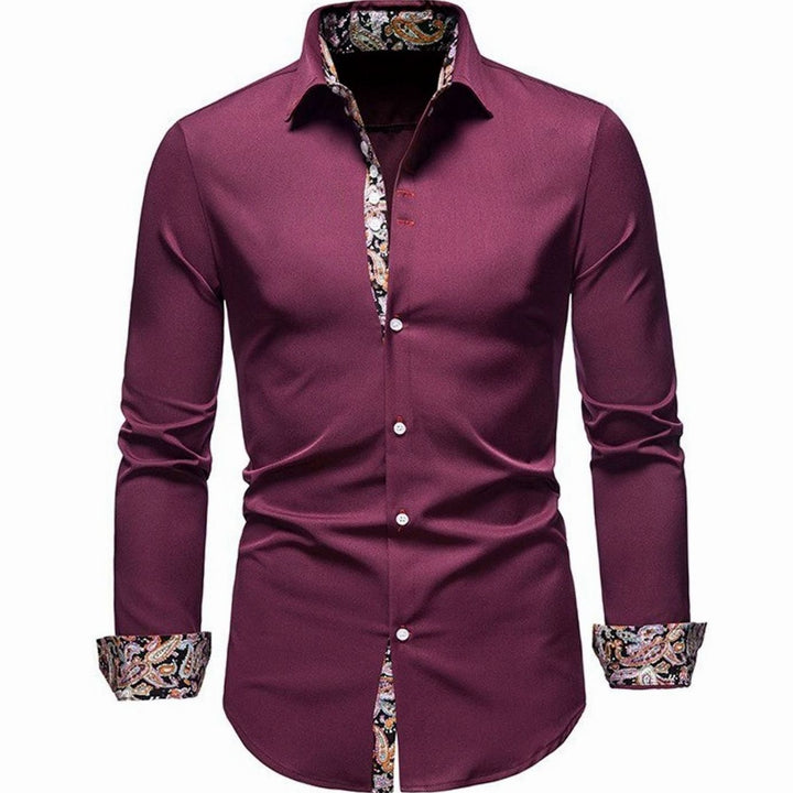 Men's Stylish White Slim-Fit Button-Down Shirt Paisley Cuffs - Red