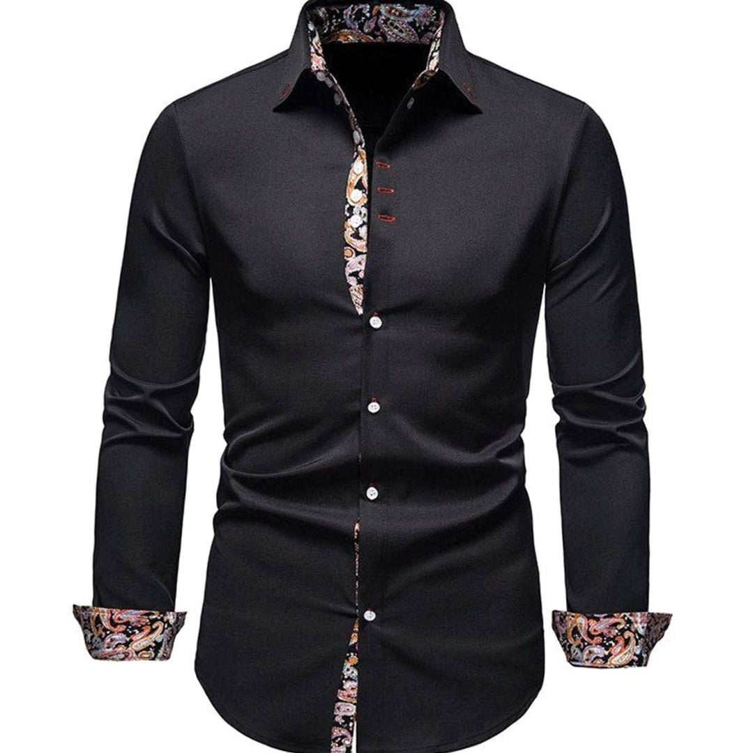 Men's Stylish White Slim-Fit Button-Down Shirt Paisley Cuffs - Black