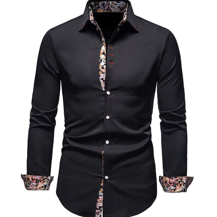 Men's Stylish White Slim-Fit Button-Down Shirt Paisley Cuffs - Black