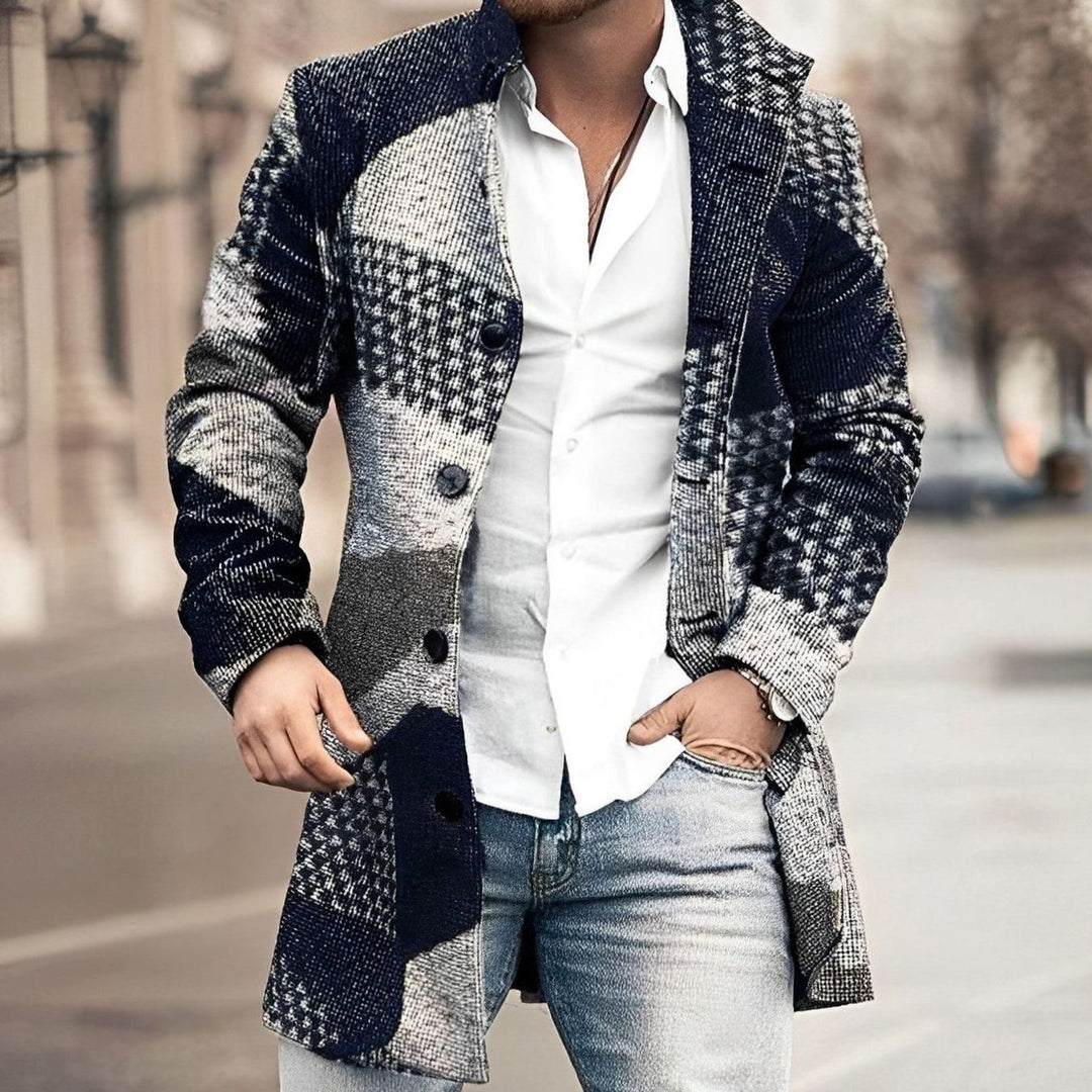 Men's Tailored Long Button-Up Overcoat - Dark Blue