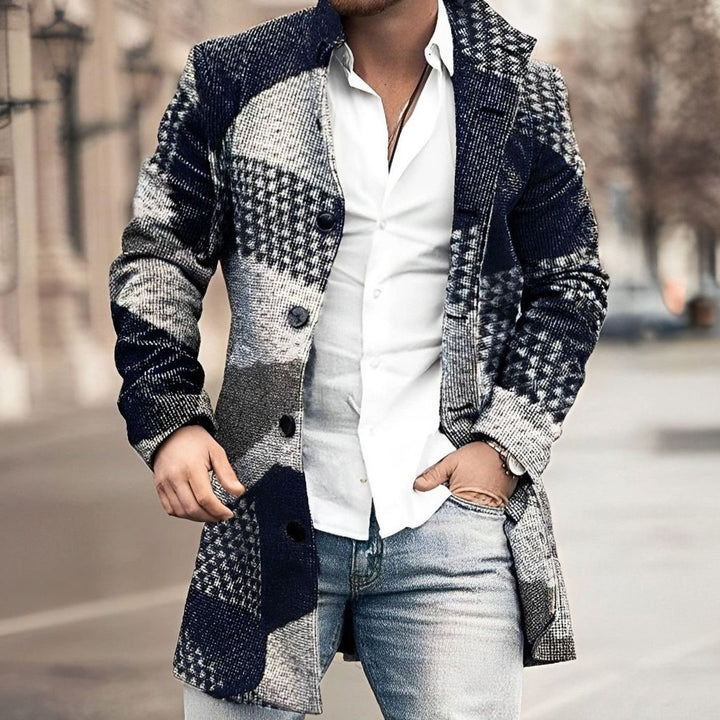 Men's Tailored Long Button-Up Overcoat - Dark Blue