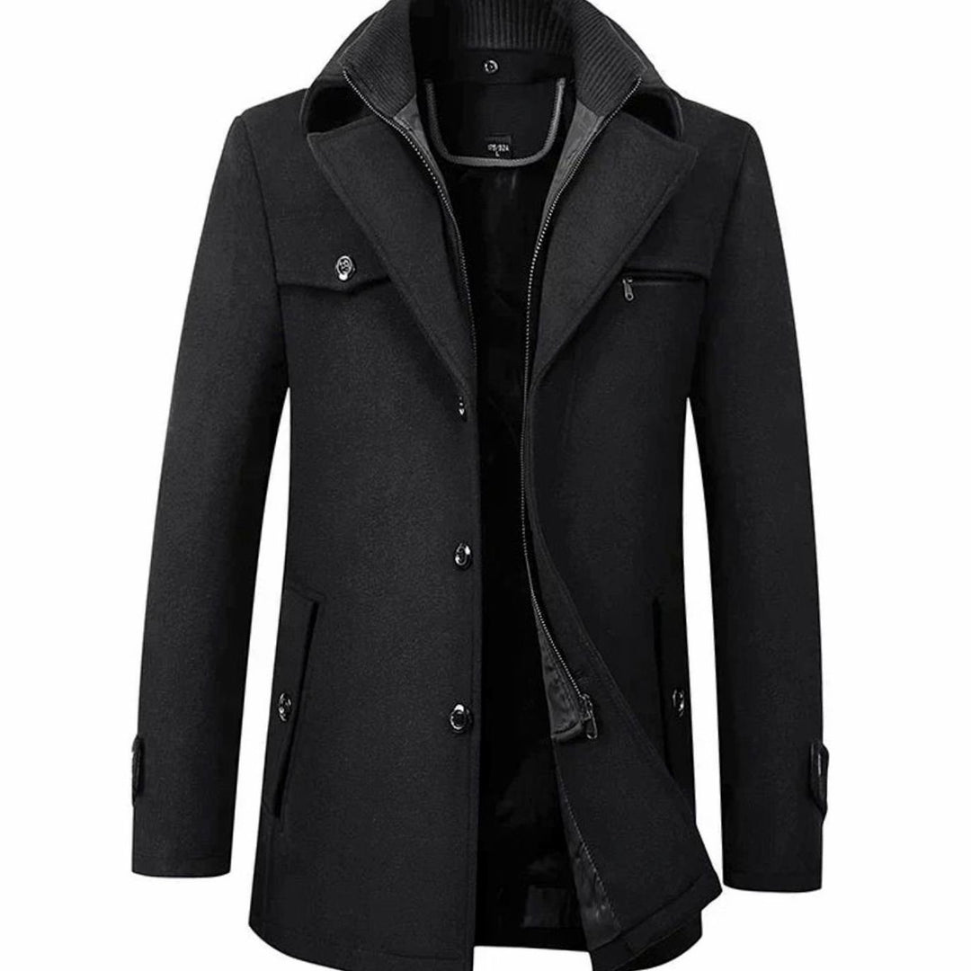 Men's Tailored Single-Breasted Button Overcoat Winter Coat - Black