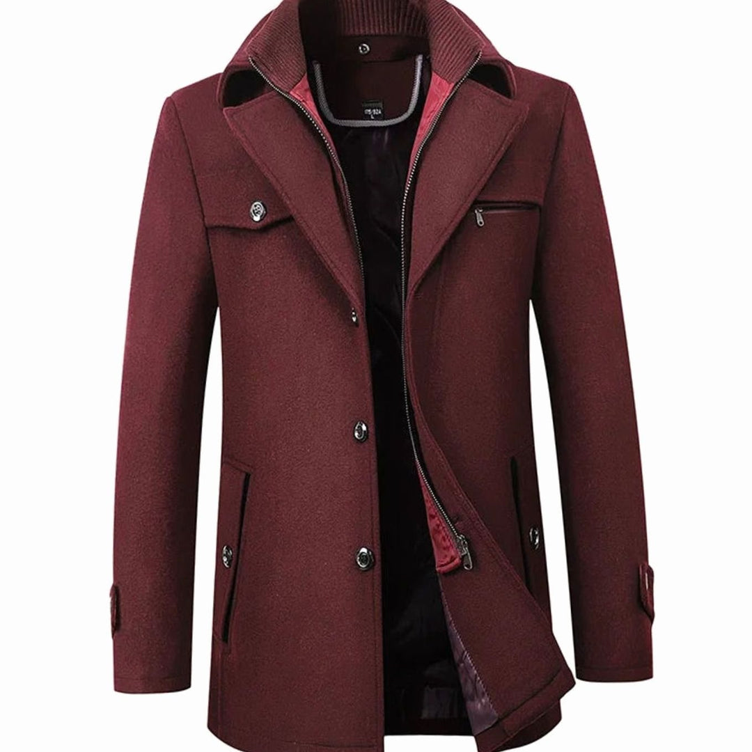 Men's Tailored Single-Breasted Button Overcoat Winter Coat - Burgundy