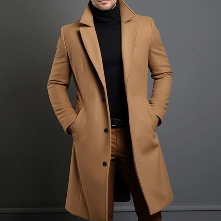 Men's Tailored Single-Breasted Notch-Lapel Long Overcoat - Brown