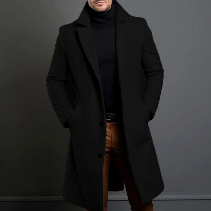 Men's Tailored Single-Breasted Notch-Lapel Long Overcoat - Black