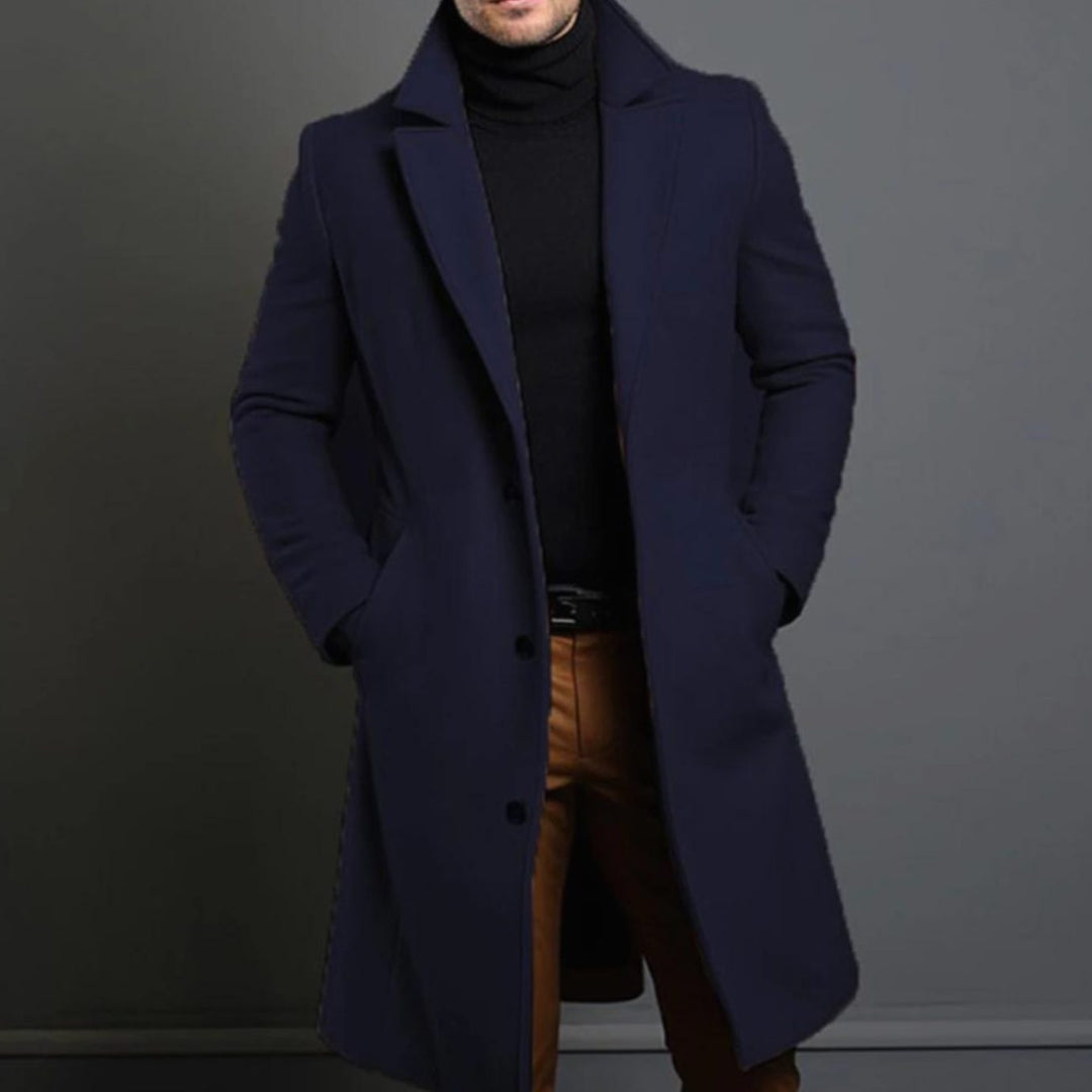 Men's Tailored Single-Breasted Notch-Lapel Long Overcoat - Blue