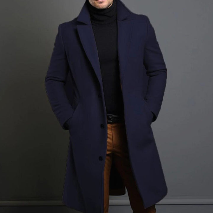 Men's Tailored Single-Breasted Notch-Lapel Long Overcoat - Blue